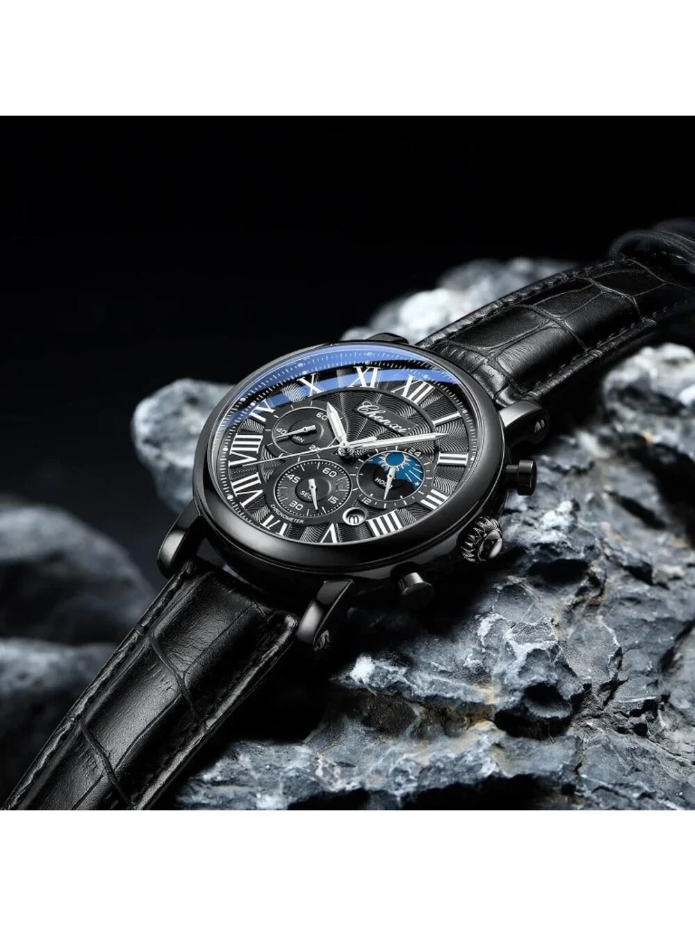 Men's All Black Multifunctional Military Leather Sports Analog Chronograph Watch